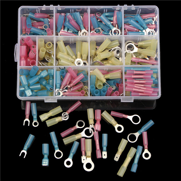 240Pcs Heat Shrink Butt Splice Crimp Ring Spade Fork Terminal Wire Connector Box