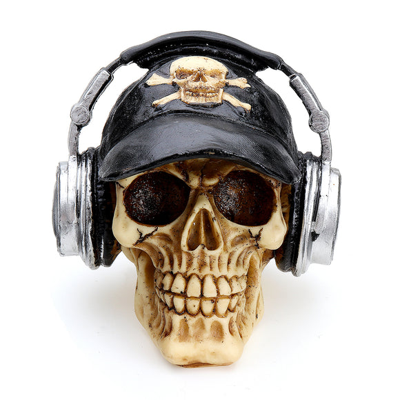 Resin Craft Head Skull Ornament With Headphone Cap Creative Figurine Party Halloween Decorations