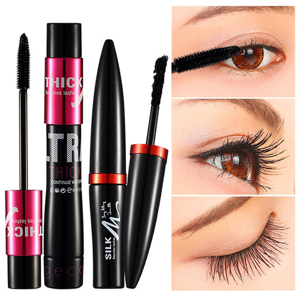 Black Silk Mascara Makeup Set Eyelashes Extension Lengthening Volume 3D Fiber Waterproof