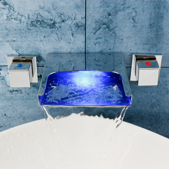 LED Waterfall Bathroom Basin Faucet Mixer Taps Wall Mounted Handheld Tub Filler Shower Dual Handles