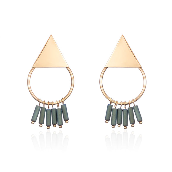 18K Gold Plated Simple Geometric Green Tassel Pendant Ear Stud Fashion Earrings for Women
