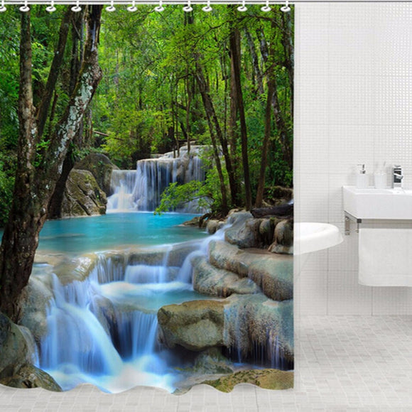 2x1.8CM Polyester 3D Waterfall Nature Scenery Bathroom Shower Curtain With Hooks