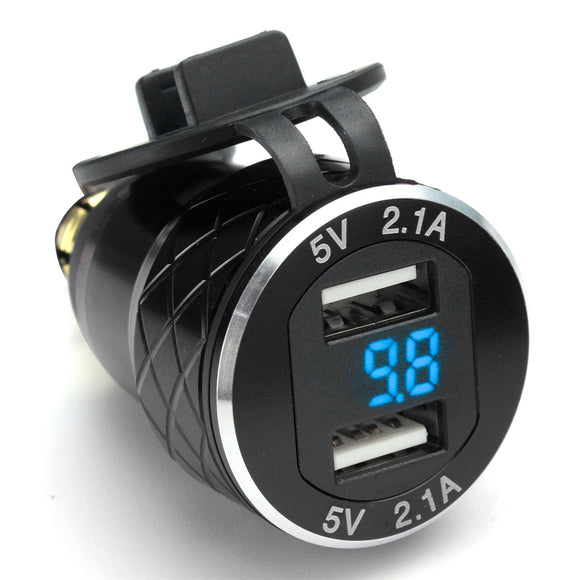 4.2A 12-24V Blue Digital Display LED Motorcycle Dual USB Charger Socket Voltmeter For BMW