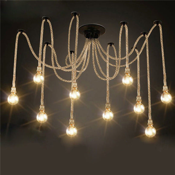 E27 12 Heads Industrial Chandeliers Pendant Lights Vintage Hemp Rope Ceiling Lamp Fixture