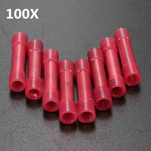 100pcs Red Electrical Wire Crimp Butt Connector Insulated Terminal 0.4-1mm 22-18AWG