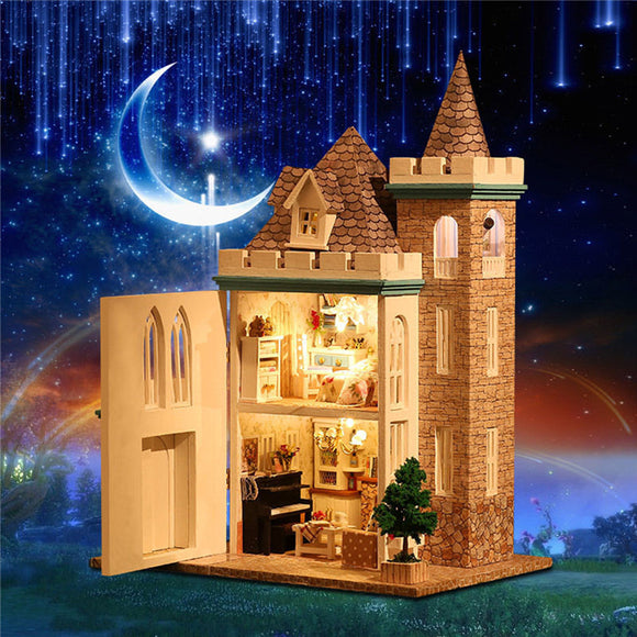 DIY Wooden LED Light Assembled Doll House Moonlight Castle Miniature Kit Gift