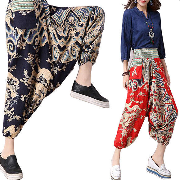 Women Yoga Pants Harem Drop Crotch Bohemian Trousers Elastic Loose Bloomers Nepal Style