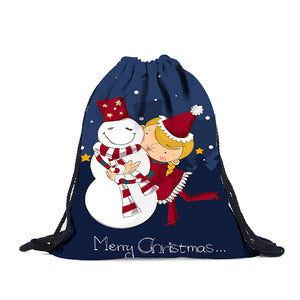 Christmas Print String Backpack Multi-color Cotton Storage Bag