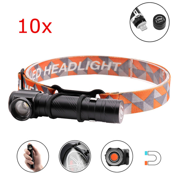 10pcs XANES XML-T6 1500Lumens 3Modes Multi-function Rechargeable Zoomable Tactical Magnetic Head LED Headlamp Led Flashlight 18650