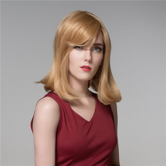 Human Hair Wig Medium Long Straight Elegant Side Bang Virgin Remy 8 Colors to Choose Mono Top