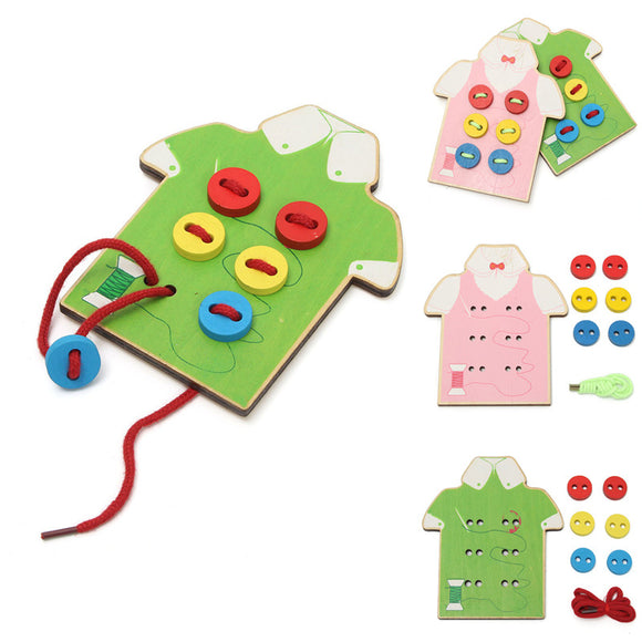 Wooden Wear The Button Girl Boy Kids DIY Daily Life Skill Developmental Toy