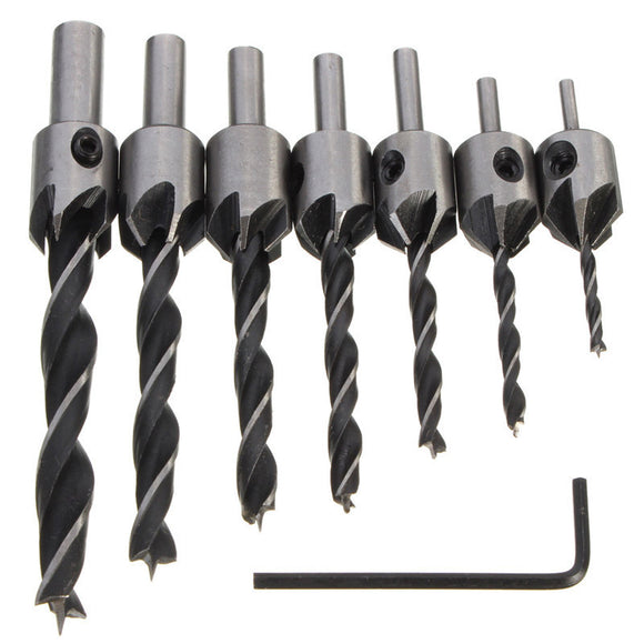 7pcs 3-10mm Chamfer Drill Bits Set HSS 5 Flute Woodworking Countersink Drill Bit