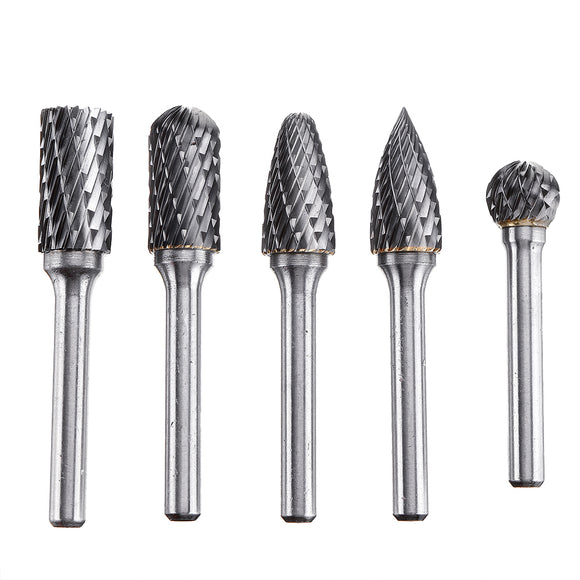 5Pcs 6x12mm Carbide Burr Set with 6mm Shank Double Cut Solid Carbide Rotary Burr Set for Die Grinder Drill Metal Wood Carving Engraving Polishing Drilling