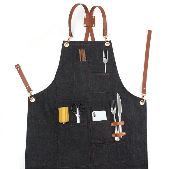 Denim Bib Retro Aprons Leather Strap Barista Bartender BBQ Chef Workwear Uniform