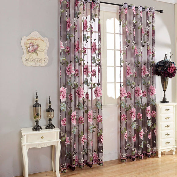 Honana WX-C2 Flower Transparent Tulle Curtains Window Screen Decor Living Room Yellow Purple