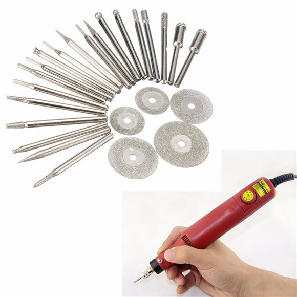 25pcs Diamond Coated Rotary Burrs and Cutting Wheel Blade Disc Set for Dremel Rotary Tool