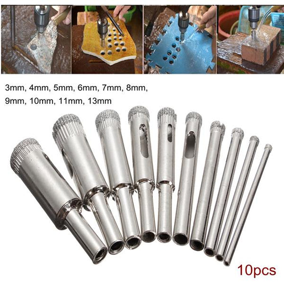 Drillpro DB-HS3 10pcs Diamond Hole Saw Drill Bit Set 3mm-13mm Tile Ceramic Glass Porcelain Marble Hole Saw