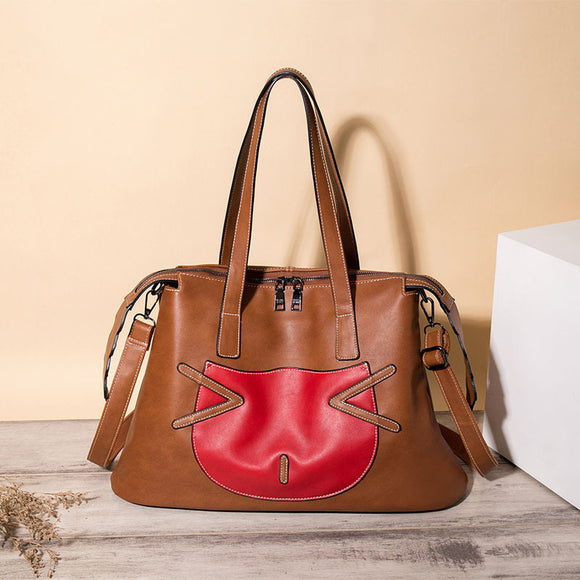 Women Casual PU Leather Cat Print Handbag Zipper Crossbody Bag