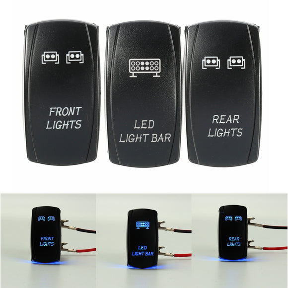 3Pcs 5-Pins Front & Rear Light LED Backlit Laser Push Rocker Switch