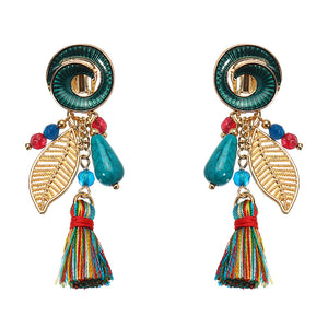 Bohemian Earrings Rainbow Tassel Leaf Pendant Conch Charm Exquisite Gold Plated Boho for Women