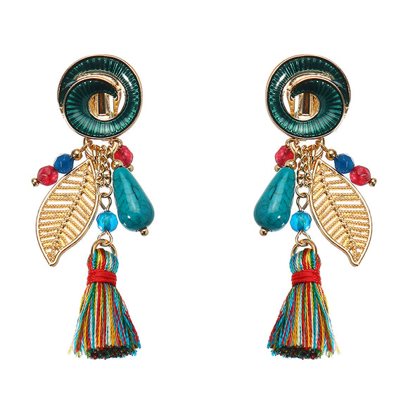 Bohemian Earrings Rainbow Tassel Leaf Pendant Conch Charm Exquisite Gold Plated Boho for Women