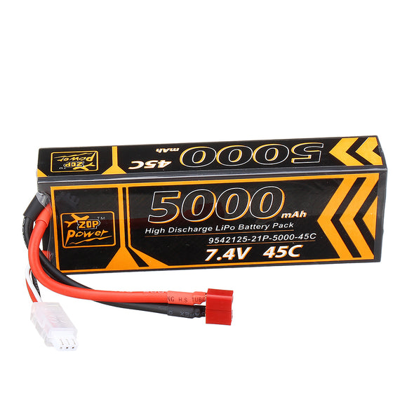 ZOP Power 7.4V 5000mAh 45C 2S Lipo Battery T Plug for 1/10 RC Racing Car