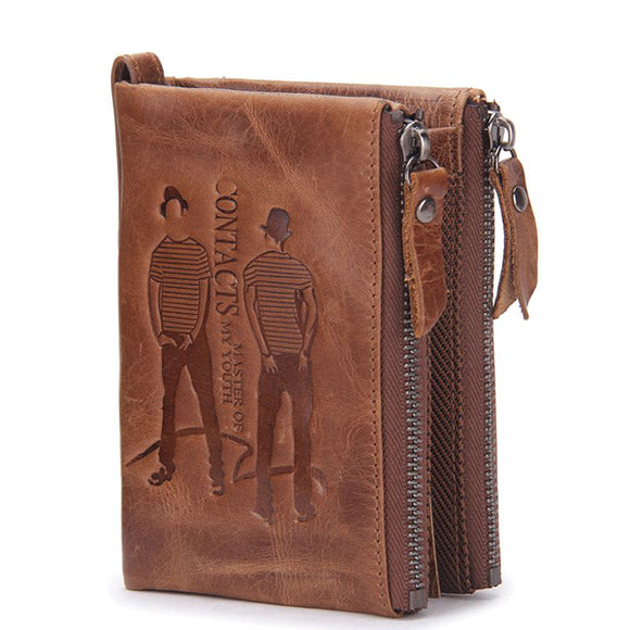 Men Genuine Leather Vintage Short Wallet Card Holder with Double Zipper Coin Pocket