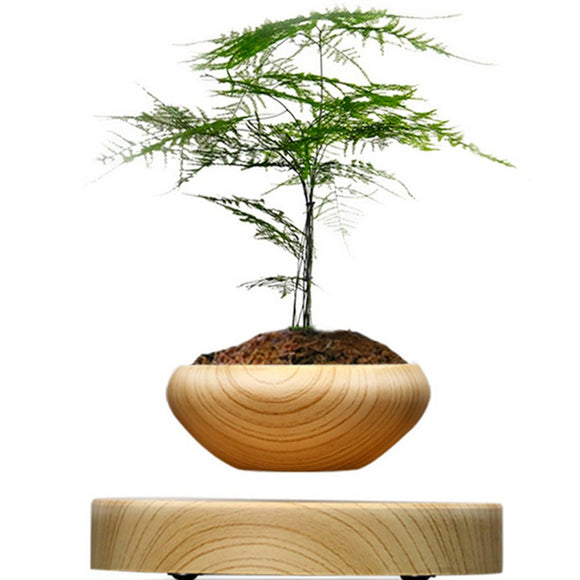 Magnetic Suspended Potted Plant Wood Grain Round LED Indoor Pot Home Office Decoration