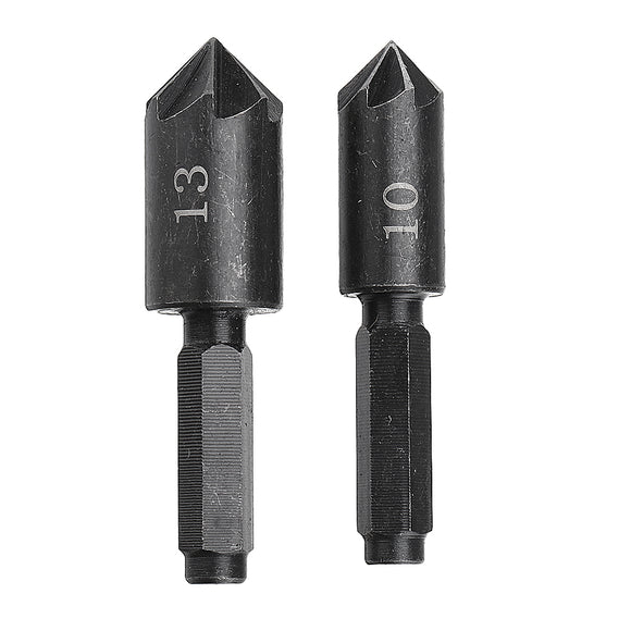 Drillpro 2pcs 1/4 Inch Hex Shank 7 Flute Straight Countersink Drill Bit Set 10/13mm Chamfer Cutter Woodworking Tools