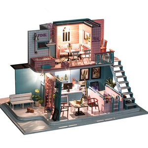 iiecreate K-034 Pink Cafe House 30*19*22CM DIY Doll House With Furniture Light Cover Gift Toy