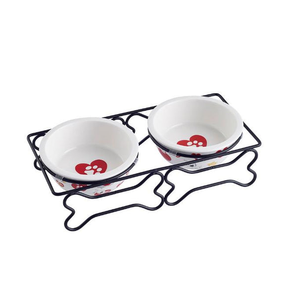 Ceramic Pet Bowl for Food and Water Bowls Pet Feeders Double Bowls Set Bone Shape Metal Stand