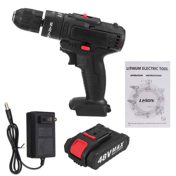 48V Cordless Electric Drill Screwdriver Rechargeable Impact Drill W/ 1/2pcs Battery