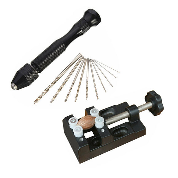 Mini Aluminum Hand Drill with Carving Bench Clamp and 10 Twist Drills