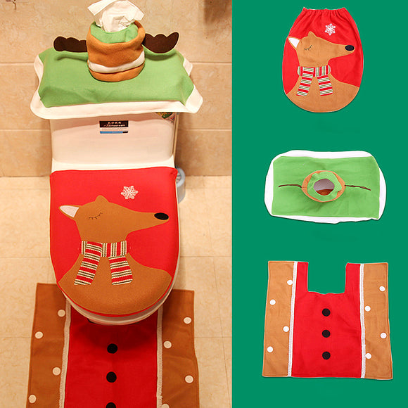 3PCS Christmas Santa Toilet Seat Covers Wtih Tissue Box and Rug Bathroom Set Christmas Decor
