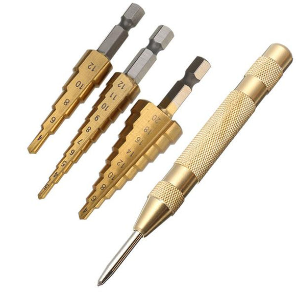 Drillpro 3Pcs 3-12/4-12/4-20mm HSS Titanium Coated Step Drill Bits with Automatic Center Pin Punch