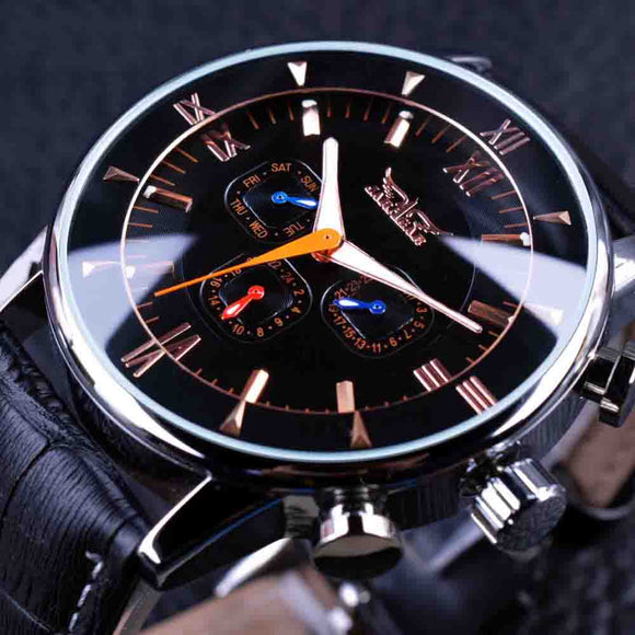 JARAGAR GMT954 Luminous Hands Automatic Mechanical Watches Black Leather Strap Men Watch