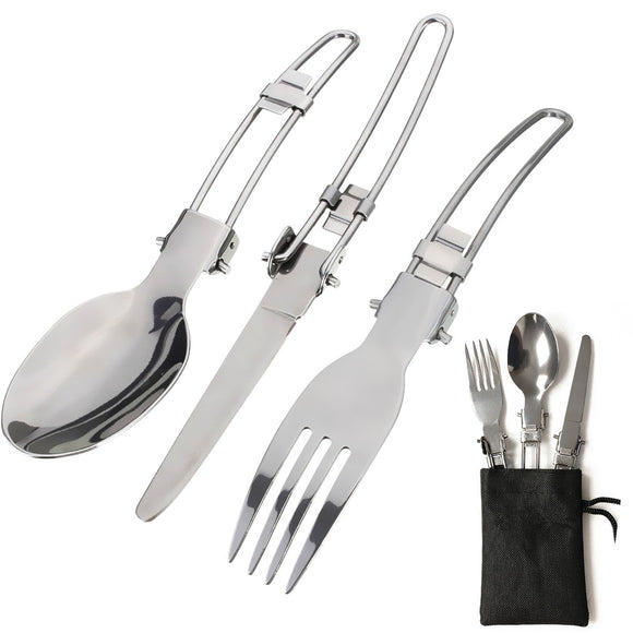 3pcs Camping BBQ Hiking Picnic Folding Cutlery Set Knife Fork Spoon Utensil with a Bag