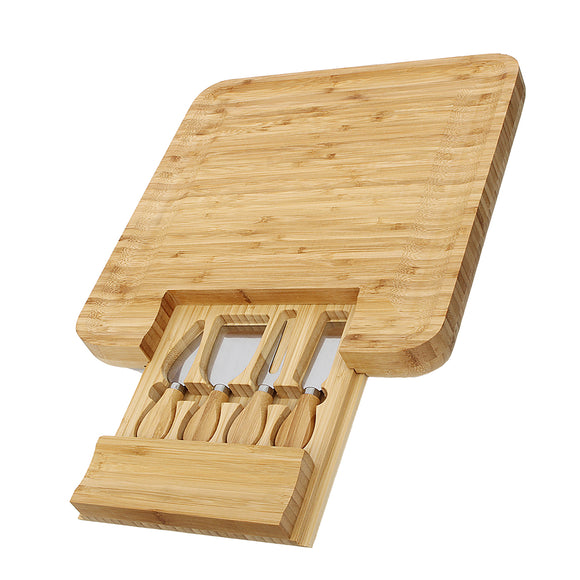 Bamboo Cheese Cutting Board Set Wood Platter Serving Chopping Cut Meat 4 Cutlery Blades