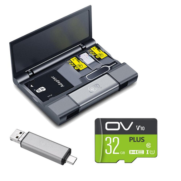 Kawau Large Capacity Card Box + Type-c USB 3.0 Micro USB Card Reader + Eject Pin Key + OV 32GB Memory Card