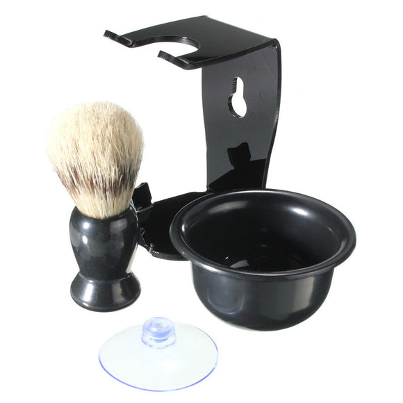 Black Men's Shaving Kit Brush Suction Cup Stand Bowl Set