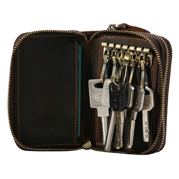 Men Retro Leather Key Holder Bag Key Hook Zipper Case Coin Holder With 6 Key Hooks