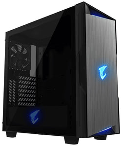 Gigabyte C300G - 4mm tempered Glass - black , support upto 2x vertical graphics cards mount ( riser kit required ) , intergrated RGB Fusion 2.0 in 4 zones , dedicated chamber for psu + hdd bay  , no psu ( bottom placed psu design )