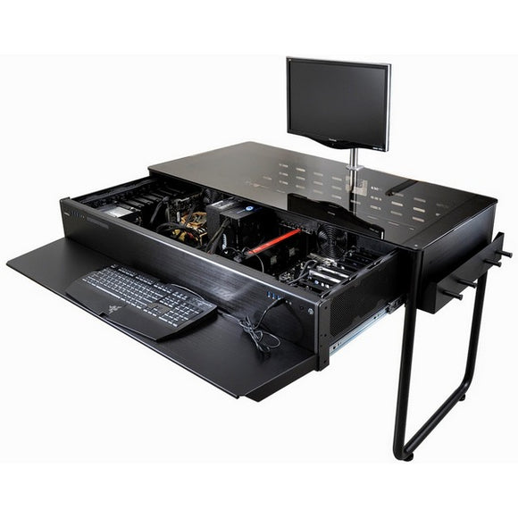 Lian-li DK-02 computer desk ( 1250mm wide for dual systems ) - tempered glass desktop + aluminm , no psu ( support 2x PSU )