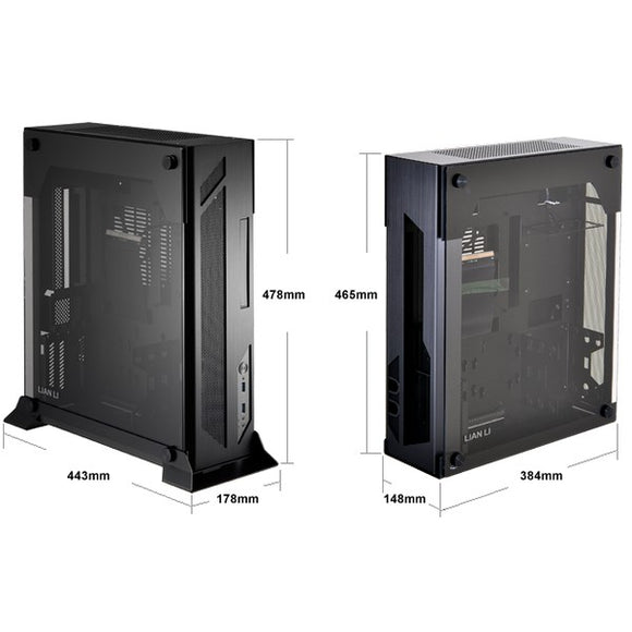 Lian-li PC-o5SX wall-mountable open to air case with full-sized tempered glass side panel , 465x384x148mm slim , all black , No psu ( SFX psu required )