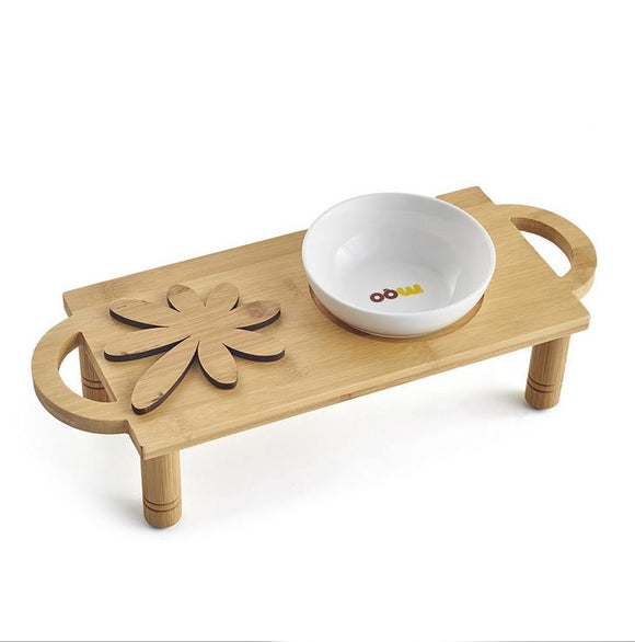 Ceramic Pet Bowl with Sturdy Bamboo Stand for Food and Water Bowls Pet Feeders Single Bowl
