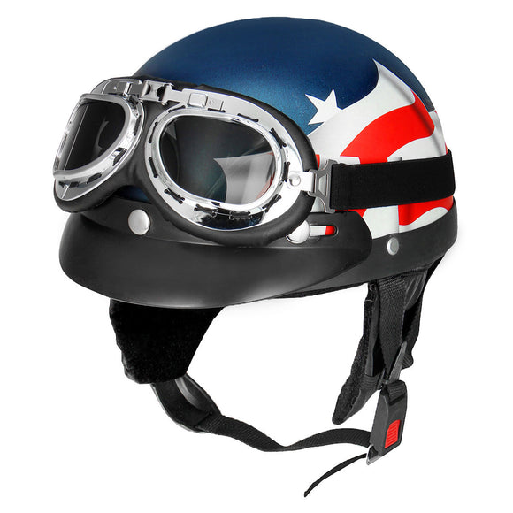 Retro USA Flag Motorcycle Half Face Helmet Biker Scooter With Sun Visor UV Goggles Cafe Racer