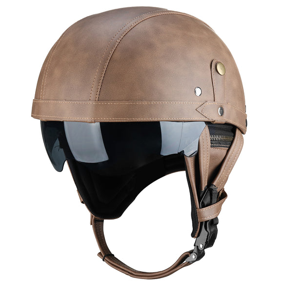 Vintage Leather Half Face Motorcycle Touring Helmet Cruiser Scooter Brown/Black