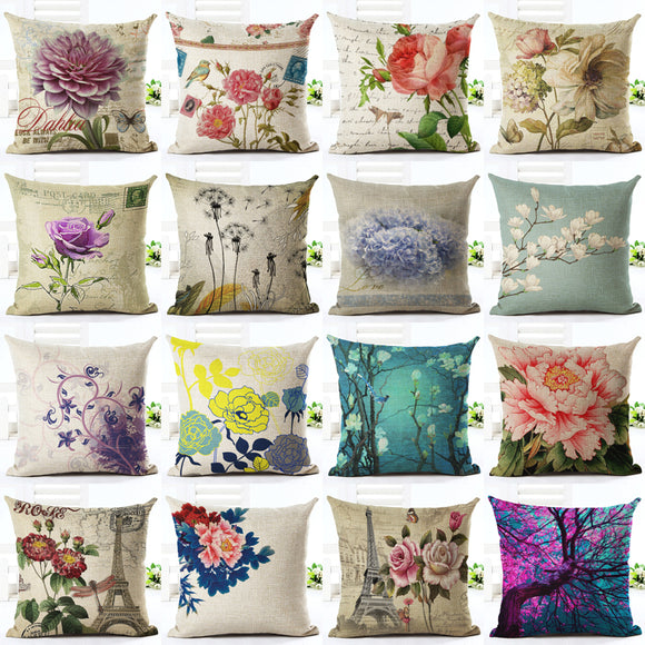Vintage Flowers and Waist Square  Cotton Linen Cushion Cover Decorative Pillowcase Chair Seat