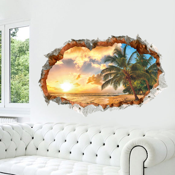 Miico Creative 3D Sunshine Beach Broken Wall Removable Home Room Decorative Wall Door Decor Sticker