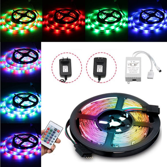 DC12V 24W 2A 5M Waterproof SMD3528 RGB LED Strip Lights US EU Power Adapter + 24 Keys Remote Control